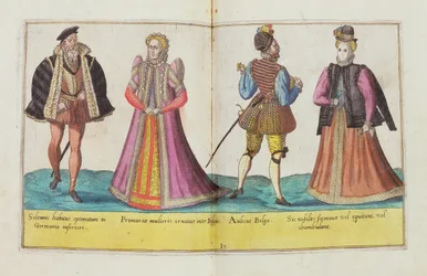 Szesnastowieczne kostiumy z "Omnium Poene Gentium Imagines", wydanego w Kolonii, 1577 (rycina ręcznie kolorowana)